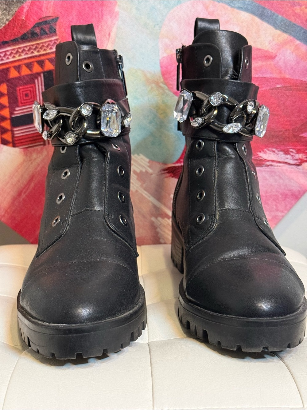Karl Lagerfeld Black Crystal-Embellished Combat Boots